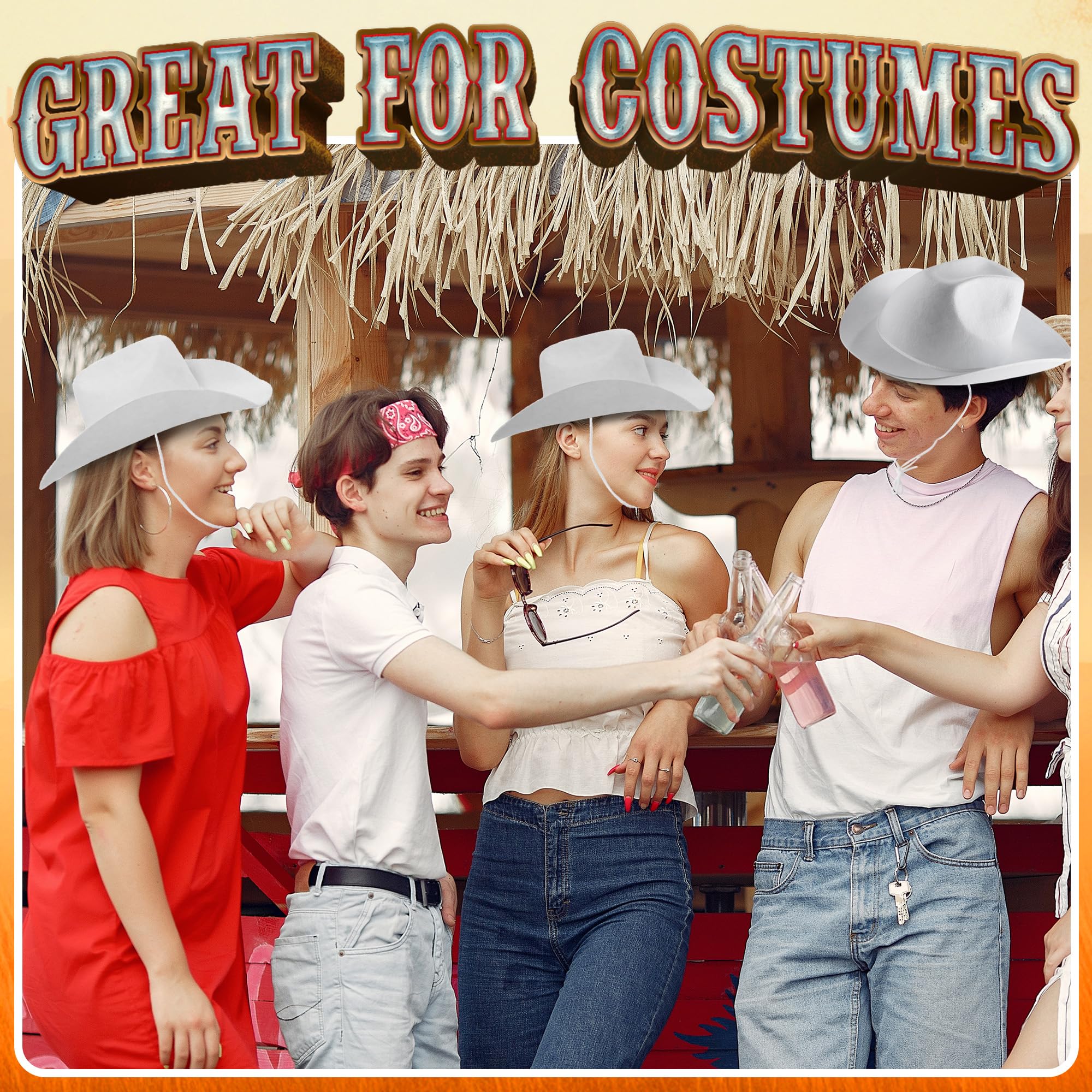 Bedwina White Cowboy Hats for Adults & Teens - (2 Pack) Felt Western Cowgirl & Cowboy Hats with Adjustable Chin Strap - Costume Accessory for Dress-Up, Rodeo, Party, Play, Festivals, Girls & Boys